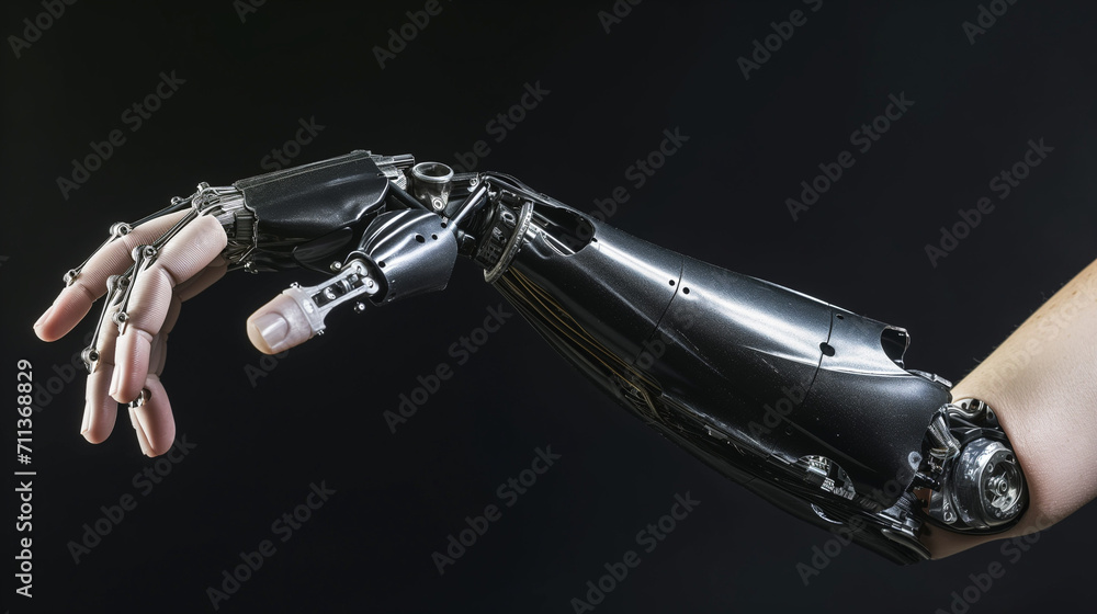 a black bionic prosthetic artificial arm for humans with disabilities suffering from war injuries. Futuristic android cyborg limb on black background a black bionic prosthetic artificial arm for humans with disabilities suffering from war injuries. Futuristic android cyborg limb on black background