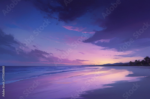 vector art of a beach at twilight  with the sky painted in deep purples and blues  reflecting on the calm water and creating a serene and peaceful scene