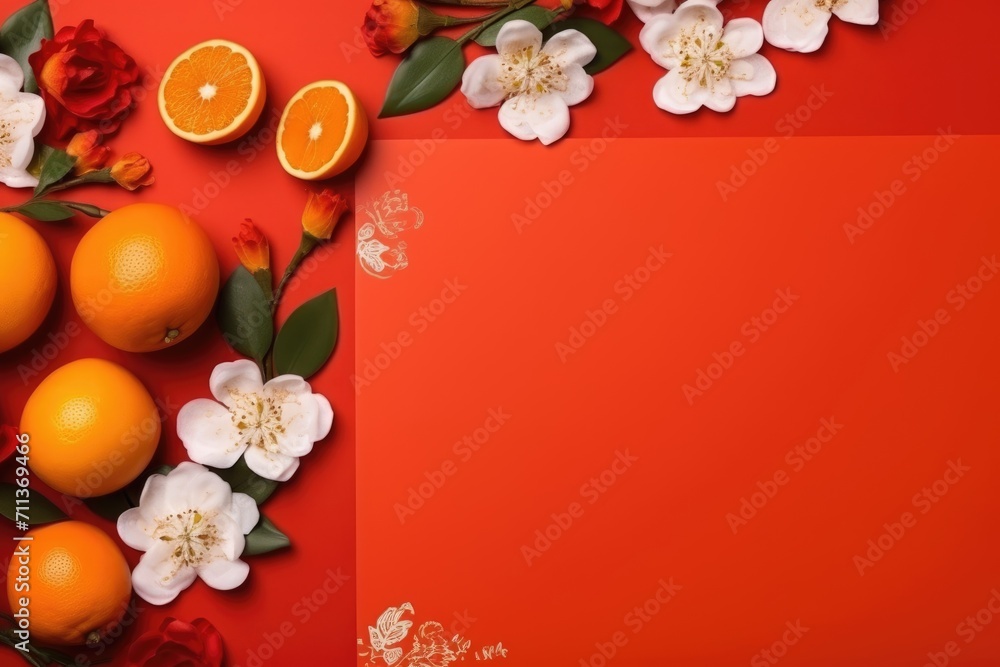 Obraz premium Chinese New Year flat lay top view festive decorations, mandarins, flowers, envelopes on red background, with copy space