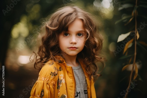 Portrait of a beautiful little girl with curly hair in a yellow coat.