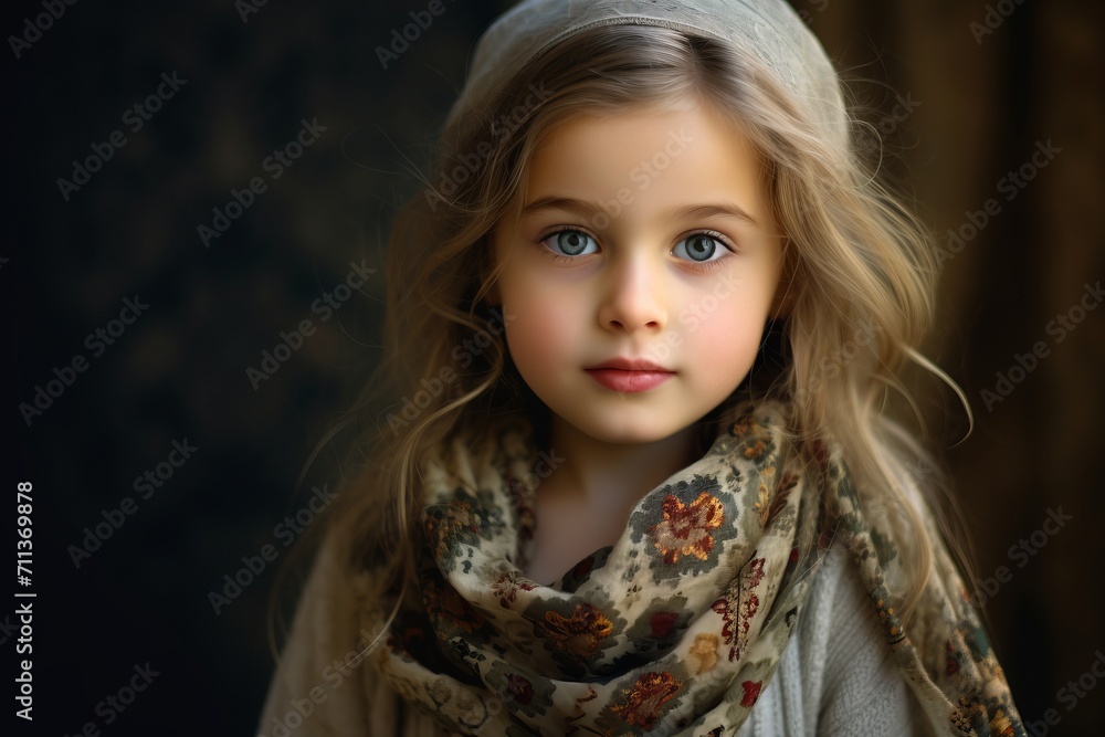 Portrait of a beautiful little girl with long blond hair in a warm scarf