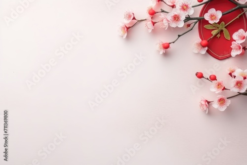 Flat lay Chinese New year background with blossom. Empty space for design, copy space