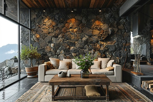 Cozy sofa on wild stone cladding wall background, rustic lounge area interior design. © abstract Art