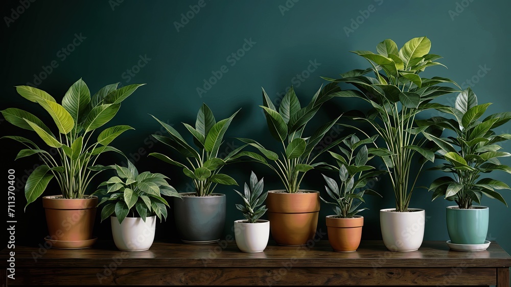 A dark green wall with a brown wooden table in front of it, displaying a collection of eight potted plants in different shapes and sizes. A dark green wall with a brown wooden table in front of it, displaying a collection of eight potted plants in different shapes and sizes.