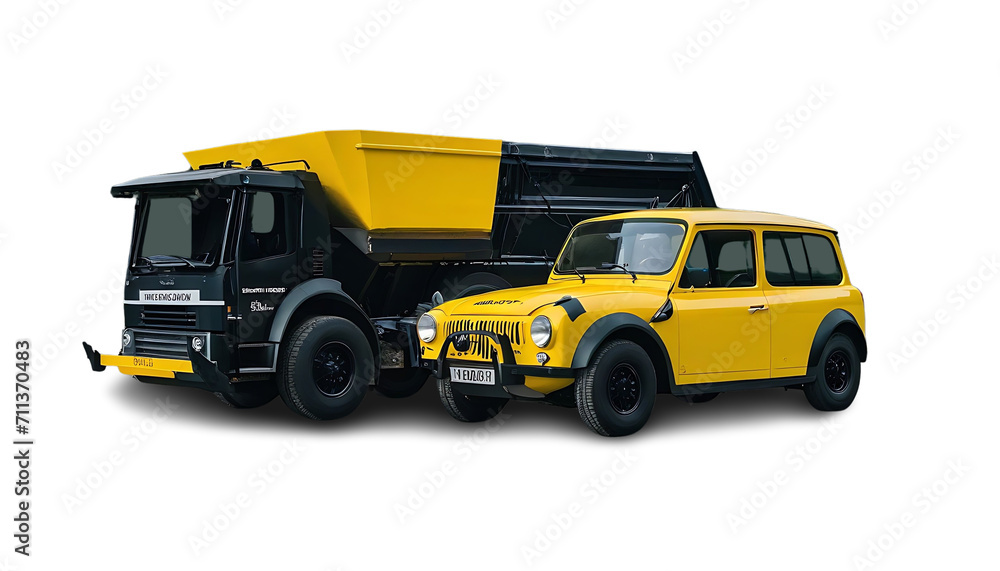Yellow and black toy  car and truck with transparent background 