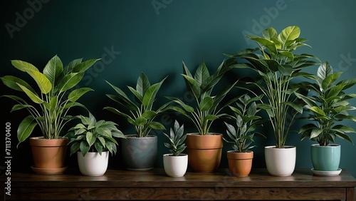 A dark green wall with a brown wooden table in front of it, displaying a collection of eight potted plants in different shapes and sizes.