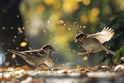 Sparrows squabbling over crumbs in city park, a lively and animated urban scene of feathered disputes.