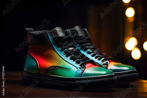 pair of colorful boots on a black background