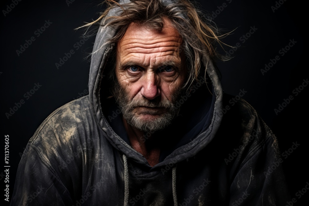 Portrait of an old man with a beard in a hood on a black background
