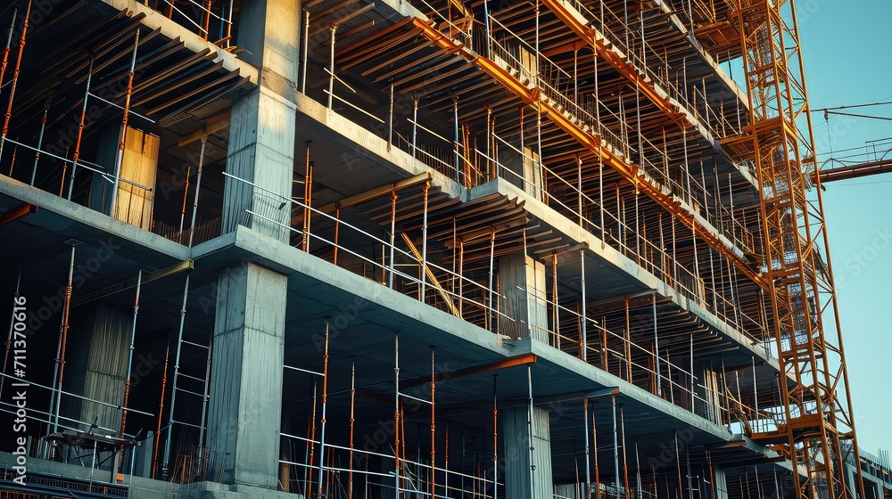 Modern building construction with steel and concrete with proper safety and erosion control. Modern building construction with steel and concrete with proper safety and erosion control.