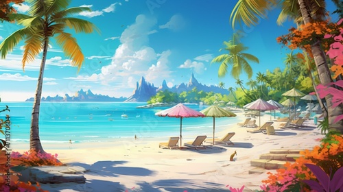 lifelike beach setting, bathed in sunlight, palm trees swaying against a crystal-clear turquoise sea - Generative AI © Huzaifa