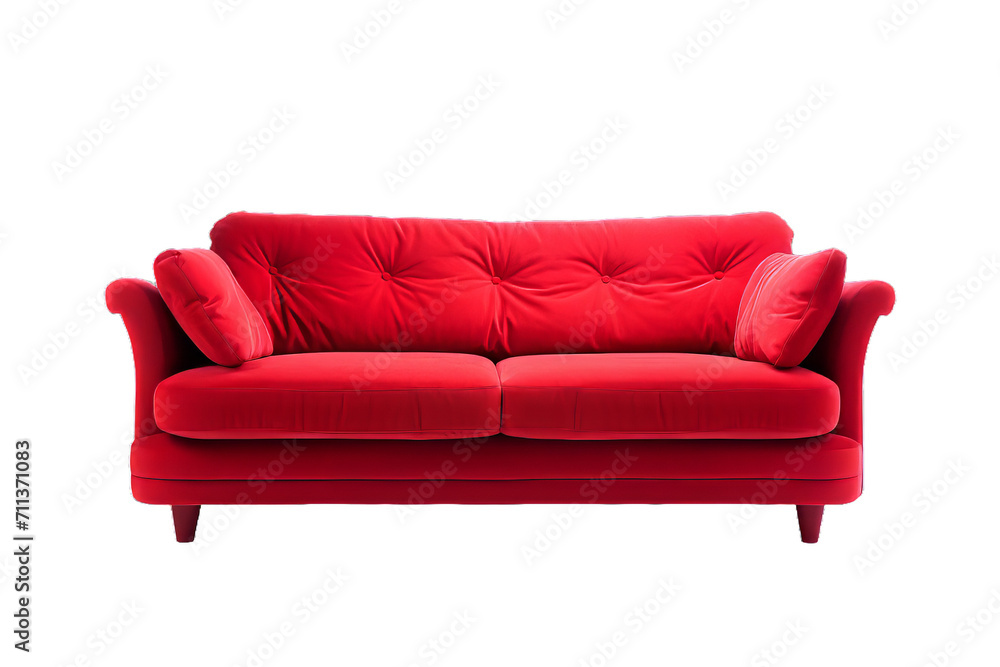 Modern red sofa on isolated transparent background. Furniture for modern interior, minimalist design. Sofa PNG
