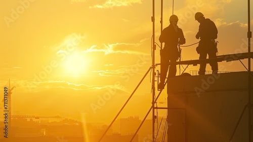 Two men working together at height under the sunrise. © Ainur