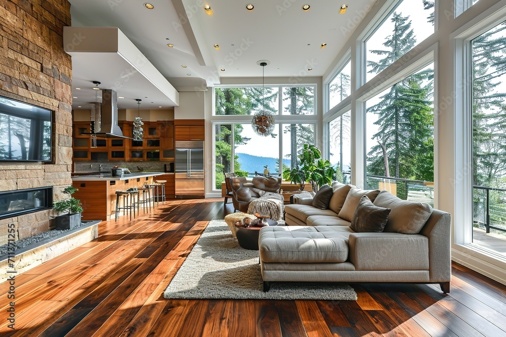 Foto de Beautiful living room interior in new luxury home with open ...