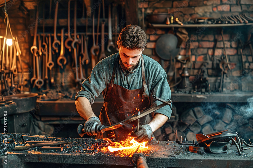 Fototapeta premium A young blacksmith creating metalwork with traditional tools.