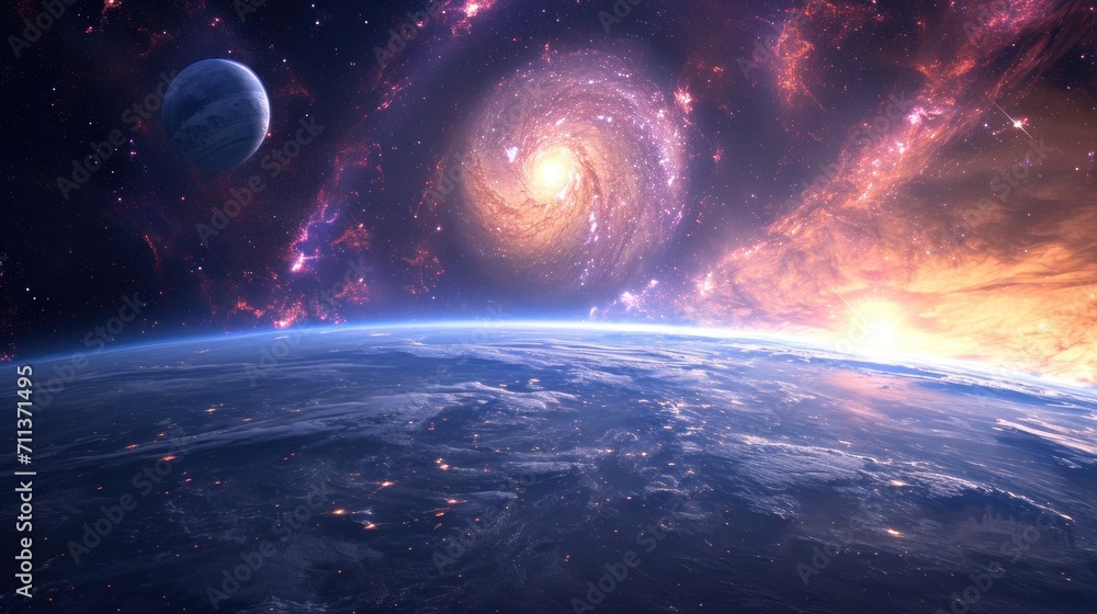 Awe-inspiring beauty of a cosmic panorama, featuring a galaxy, planets, and celestial objects. 