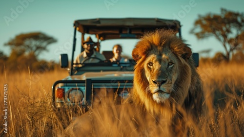 Lion resting in the savannah with a safari car behind him observing