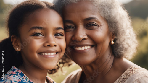 Portrait of a black grandmother and granddaughter outdoors smiling, closeup
