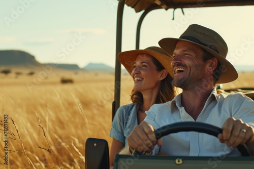 Smiling and happy couple on safari in Africa photo