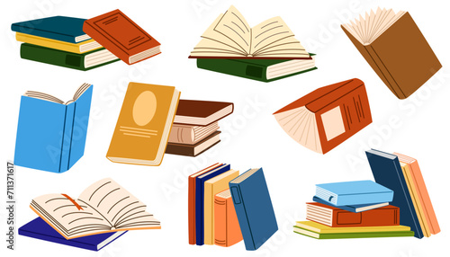 Stacks of books for reading, pile of textbooks for education. Set of literature, dictionaries, encyclopedias, planners with bookmarks. Flat vector illustration isolated on white background