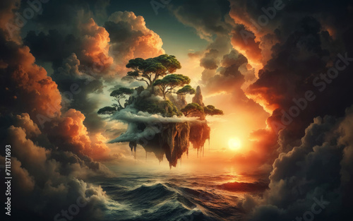 A floating island in the clouds, surrounded by the ocean and clouds, against the background of a sunset © Dmytriy