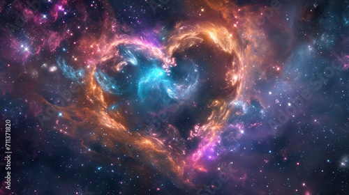 A celestial spectacle with love-themed galaxies arranged in a heart shape, bathed in technology-inspired hues. Сosmic fusion. 