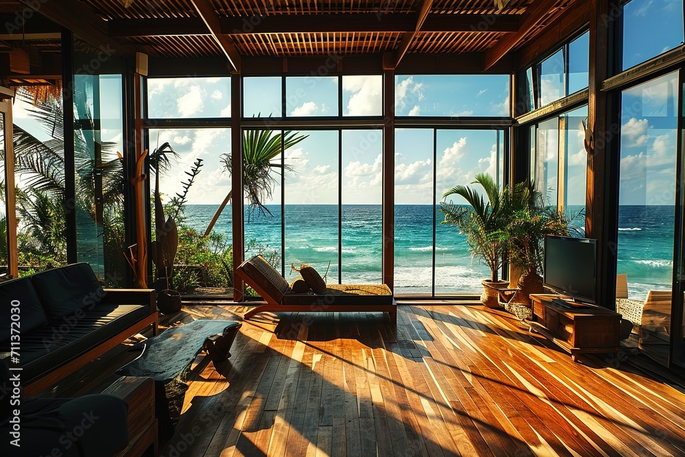 beautiful home interior space with black living room wooden floor with ocean seaside blue sky sea sand beach summer freshness travel season window view house design tropical style