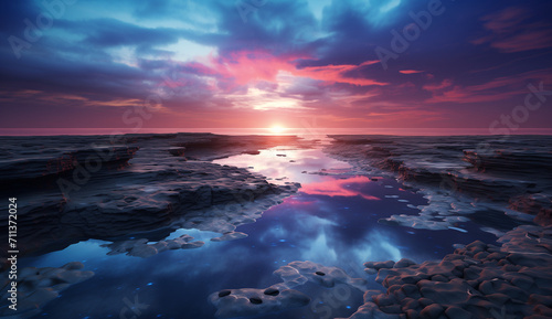 beautiful sunrise with clouds in sand, in the style of light azure and crimson