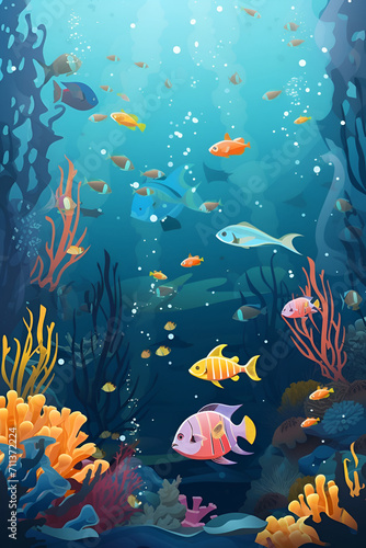 An illustration with ocean life with a a mix of colorful fish