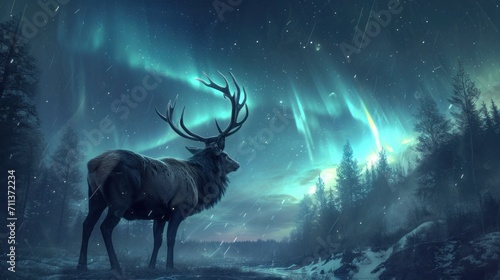 A mystical elk captures starlight and the aurora borealis  embodying the concept of animals resonating with cosmic energy. 