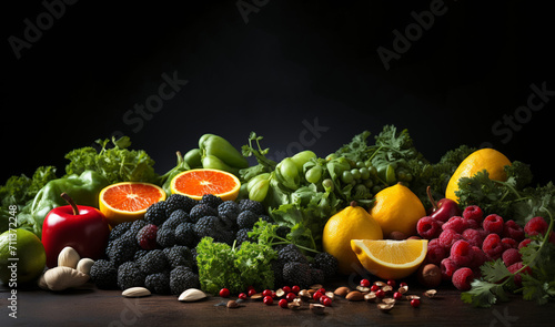 Different fruits, vegetables and cereals against a black background