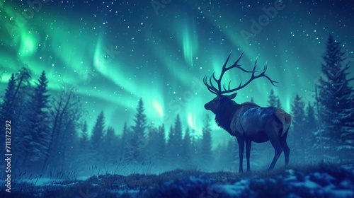 A mystical elk captures starlight and the aurora borealis, embodying the concept of animals resonating with cosmic energy.  © DreamPointArt