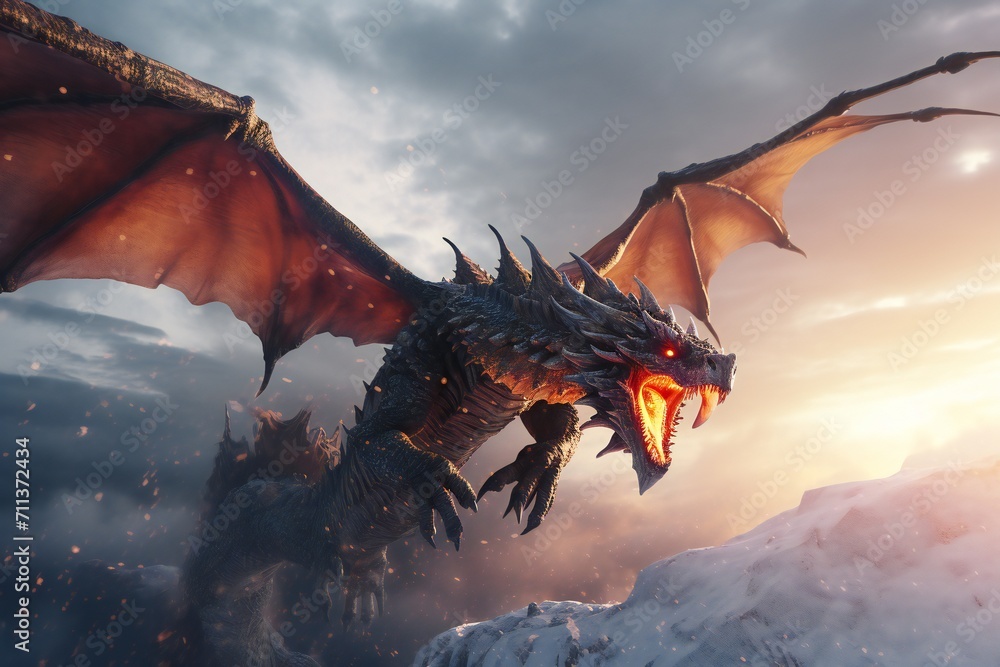 Monster dragon on mountain with fire detail realistic lightning dark Monster dragon on mountain with fire detail realistic lightning dark