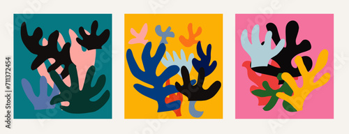 Set of colorful postcards with floral organic shapes in paper applique style Inspired by Matisse and naive art.