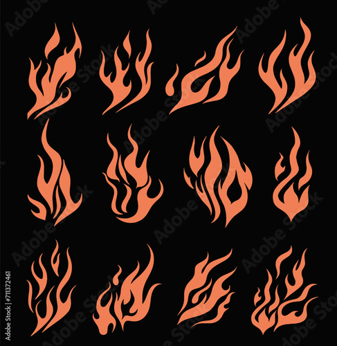Set of fire flames on a dark background. Vector illustration for flash tattoo and stickers.
 