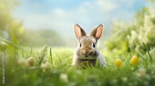 Cute rabbit in green grass. Places for text.