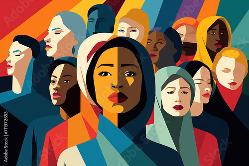Illustration showing four women united to celebrate International Women's Day, showing strength and diversity. 