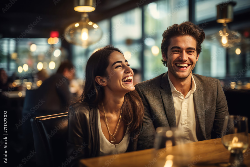 Couple in a fancy restaurant, or a bar, smiling and laughing happily.