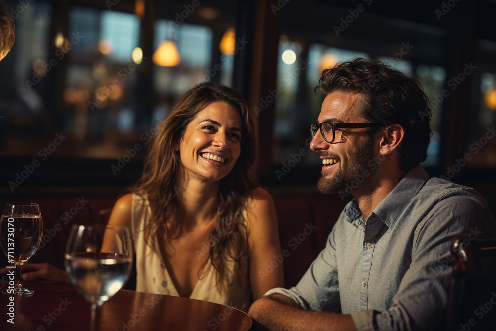 Couple in a fancy restaurant, or a bar, smiling and laughing happily.
