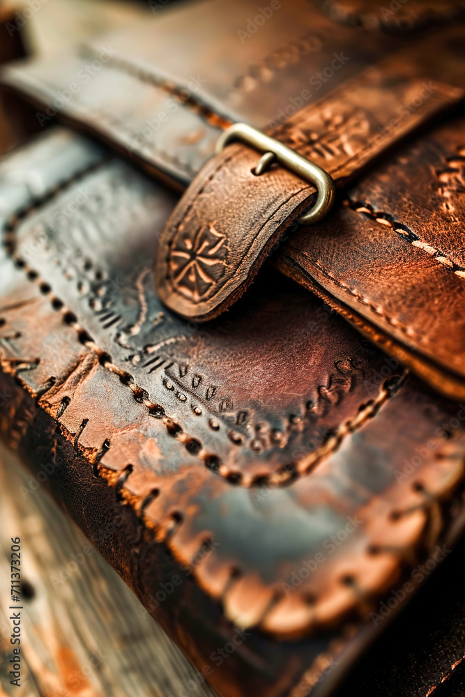 Close-up shot of leathercraft, tooling, and hand-stitching. Close-up shot of leathercraft, tooling, and hand-stitching.