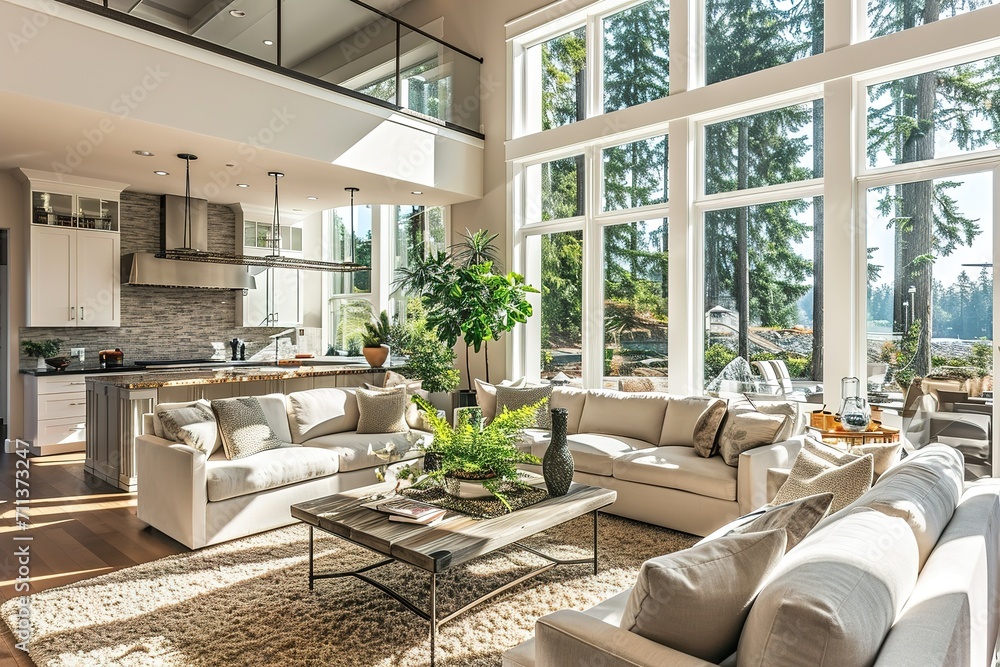 Beautiful living room interior in new luxury home with open concept floor plan. Shows kitchen, dining room, and wall of windows with amazing exterior