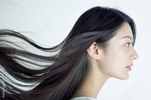 黒髪の綺麗な日本人女性の写真（ヘアケア・ロングヘア・縮毛矯正・ストレート・背景なし）