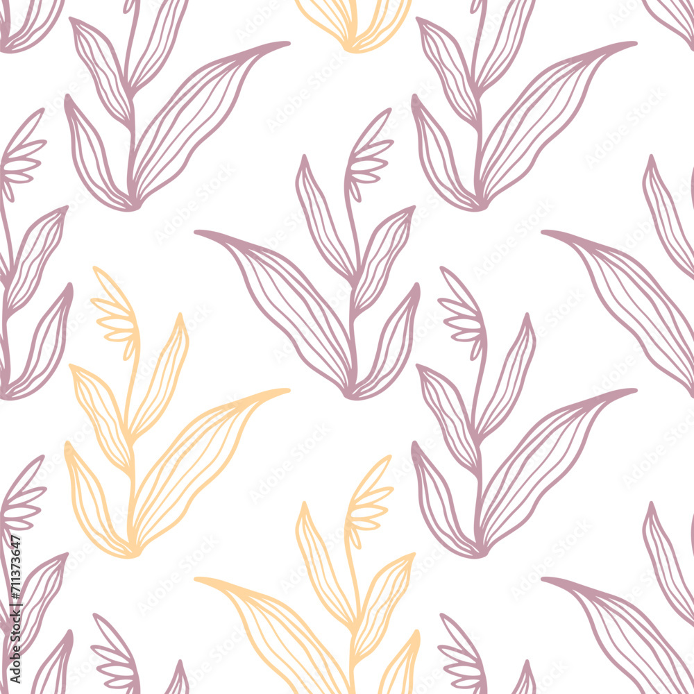 Fototapeta premium Trendy floral seamless pattern. Hand-drawn contour lines of fantastic flowers in magenta and yellow. Vector sketch illustration of tropical plants