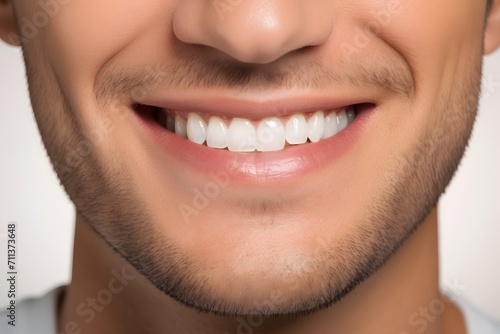 Young man with beautiful smile on grey background. Teeth whitening