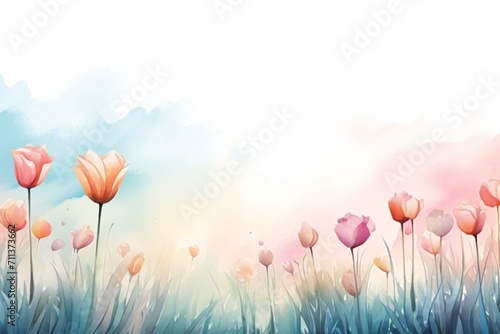 Watercolor wet ink style  soft spring field  tulip flowers  minimal with empty copy space Generative Ai