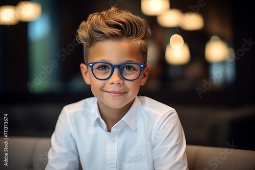 Portrait of a cute little boy wearing eyeglasses, indoor shot