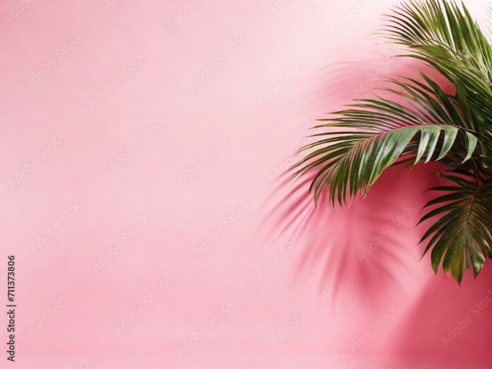 Pink wall with palm tree and shadow from palm leaves 