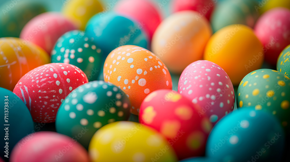 Vibrant hand-painted Easter eggs with patterns, selective focus. Perfect holiday background or wallpaper.
