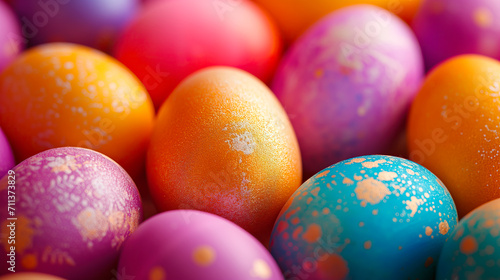Vibrant hand-painted Easter eggs with patterns, selective focus. Perfect holiday background or wallpaper. 