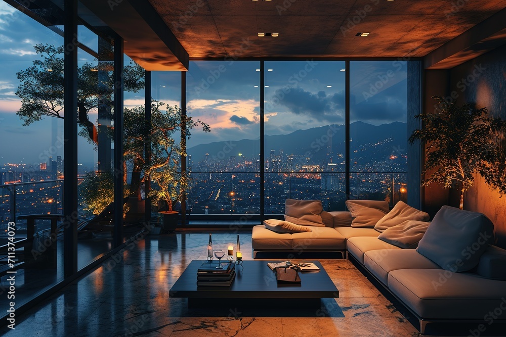 home interior design relax casual living room against sunning city view background night time